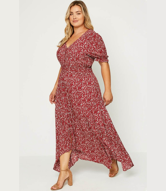 Curvy Floral Ruched Waist Maxi Dress - Red