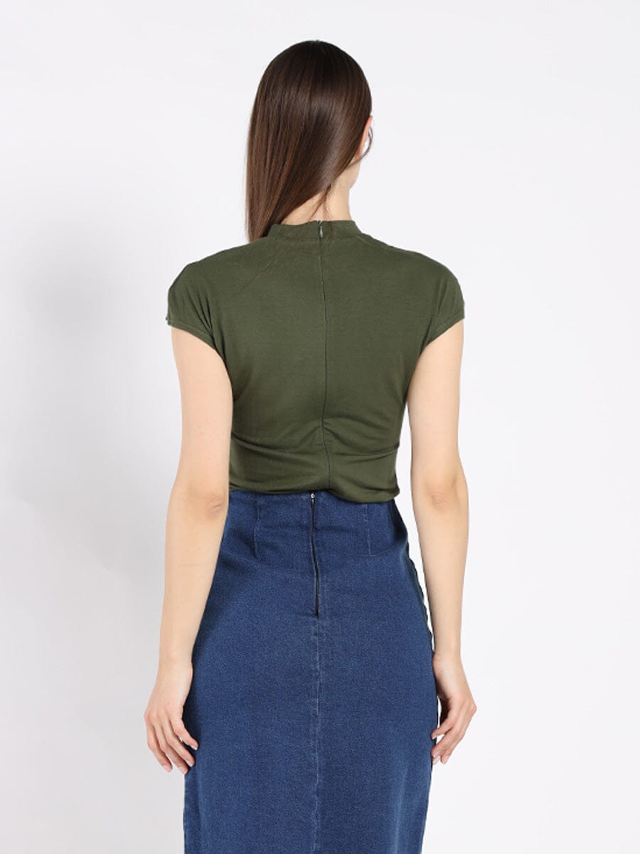 Flower Applique Mock Neck Cap Sleeve Top