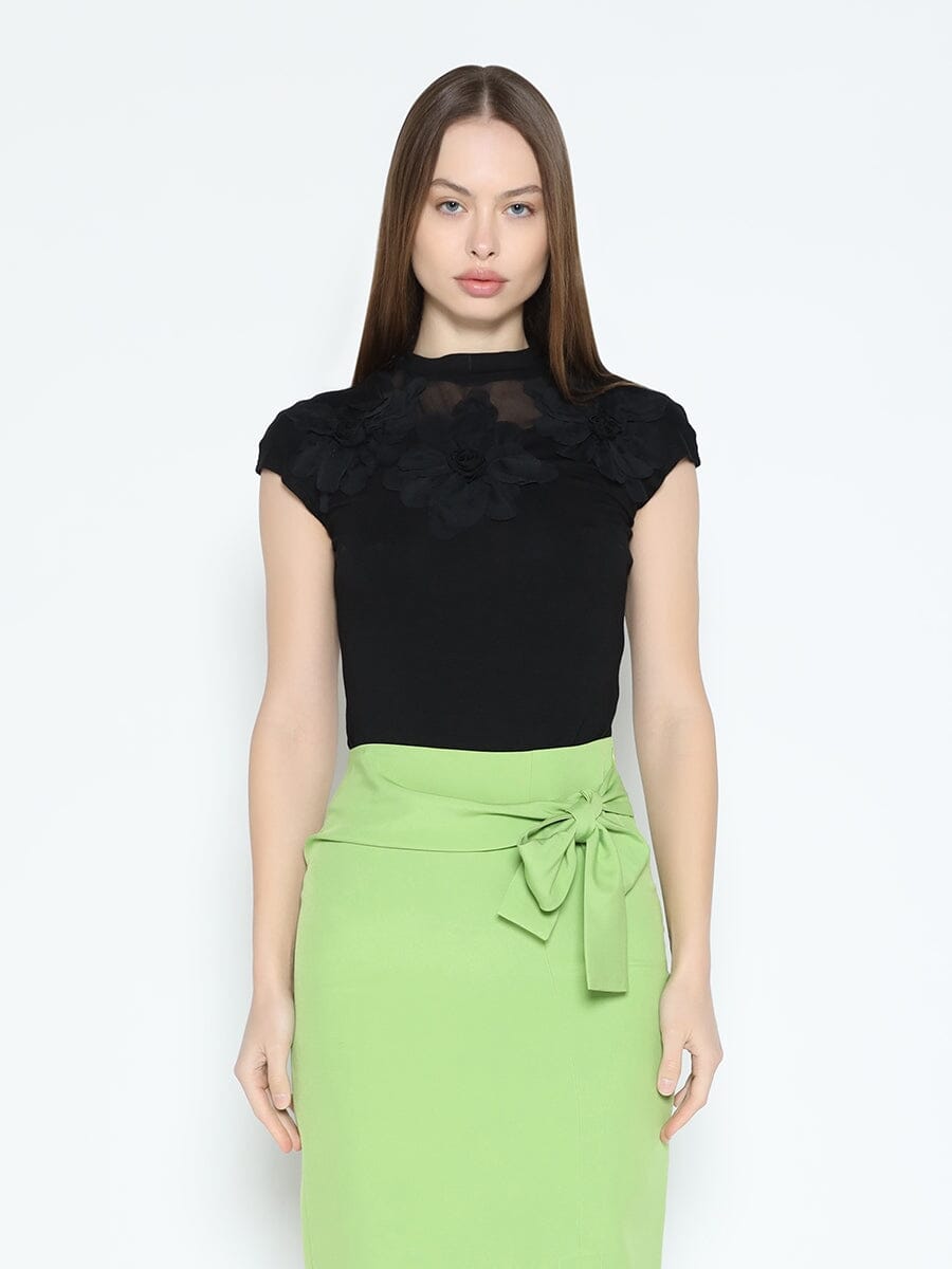 Flower Applique Mock Neck Cap Sleeve Top