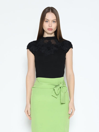 Flower Applique Mock Neck Cap Sleeve Top
