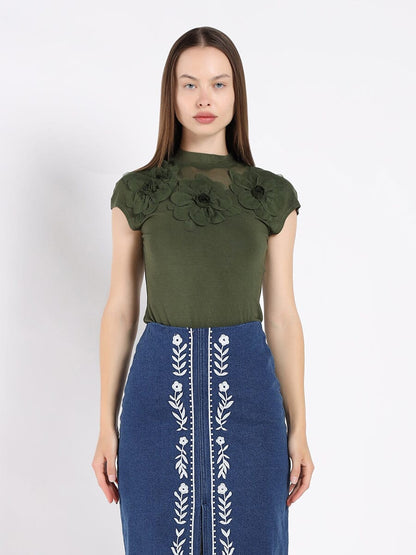 Flower Applique Mock Neck Cap Sleeve Top