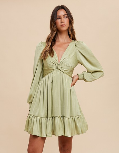 Front Twisted Satin Mini Dress - Pistachio