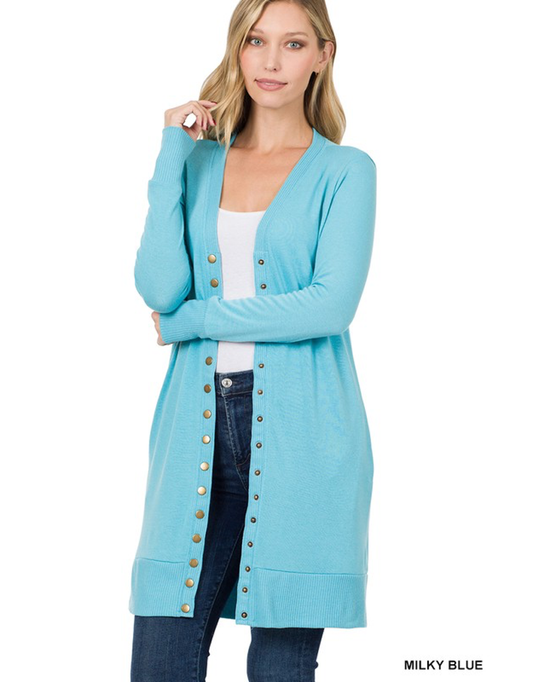 Full Sleeve Long Snap Cardigan - Milky Blue