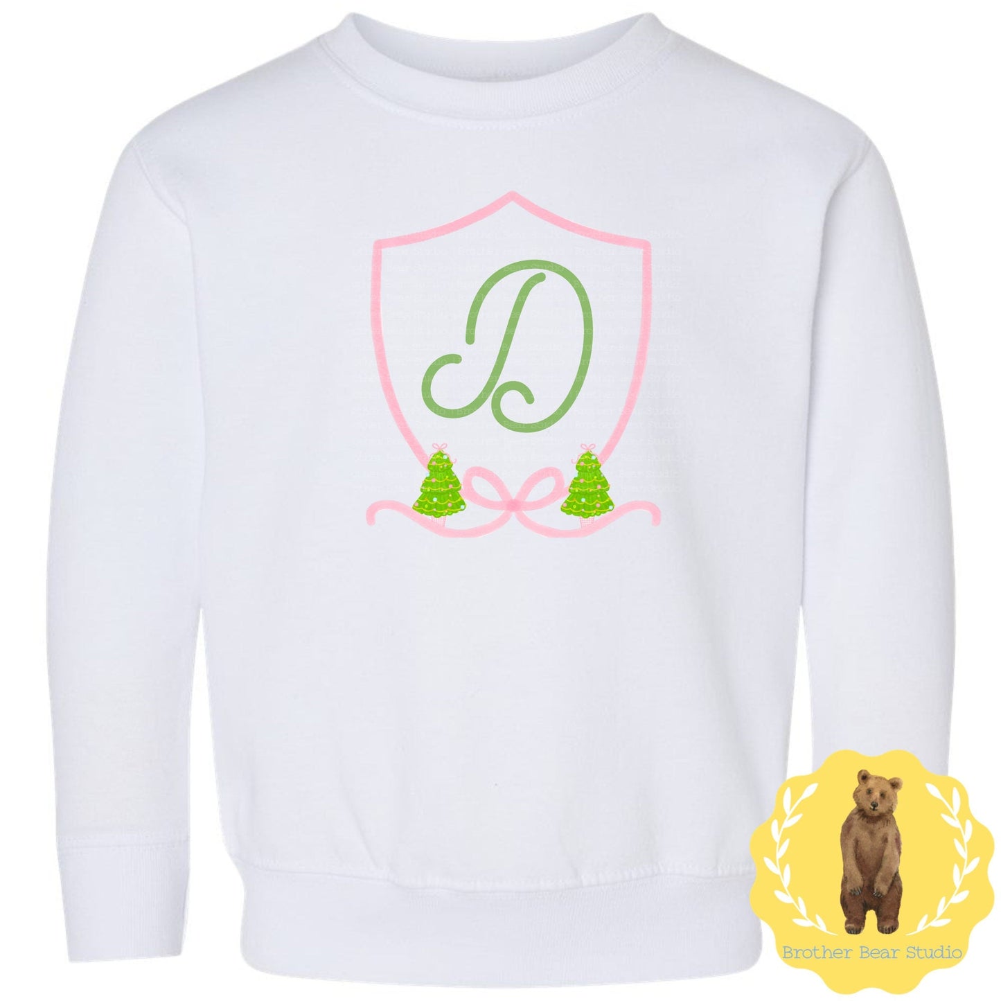 Pink Crest with Christmas Trees Sweatshirt | Girls | Sweatshirt | Holiday | Wreath |
