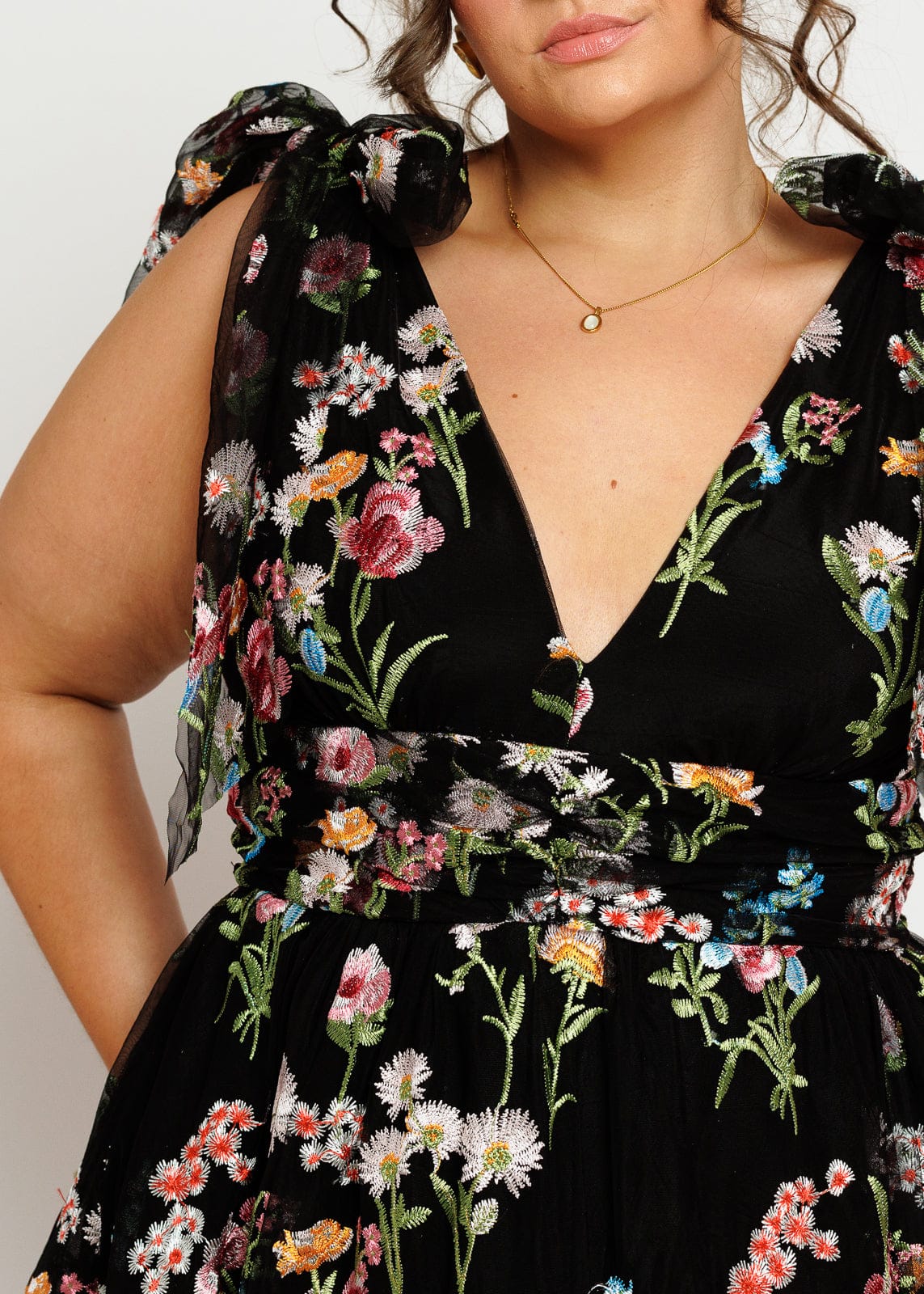 Margaret Floral Embroidered Midi Dress Black