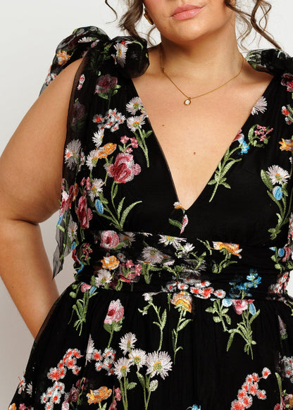 Margaret Floral Embroidered Midi Dress Black