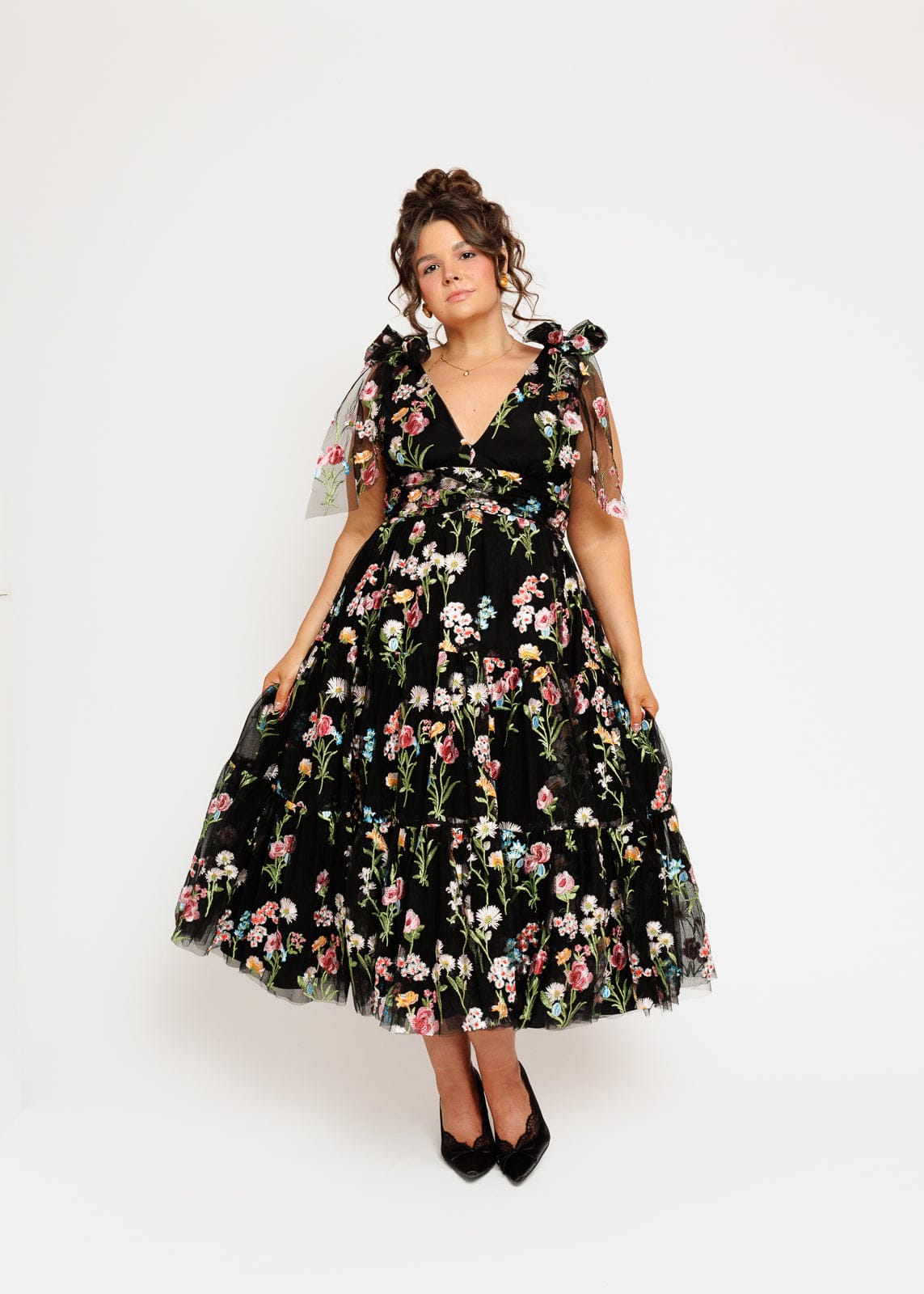 Margaret Floral Embroidered Midi Dress Black