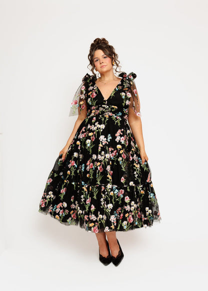 Margaret Floral Embroidered Midi Dress Black