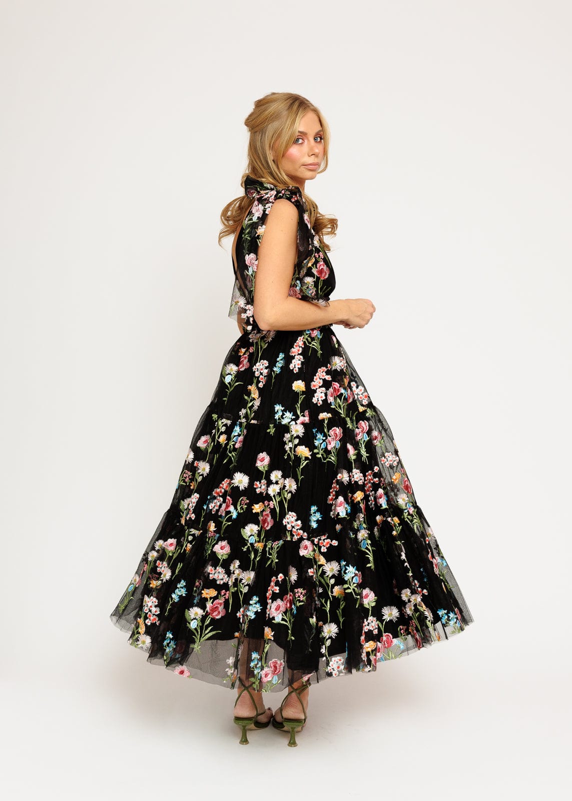 Margaret Floral Embroidered Midi Dress Black