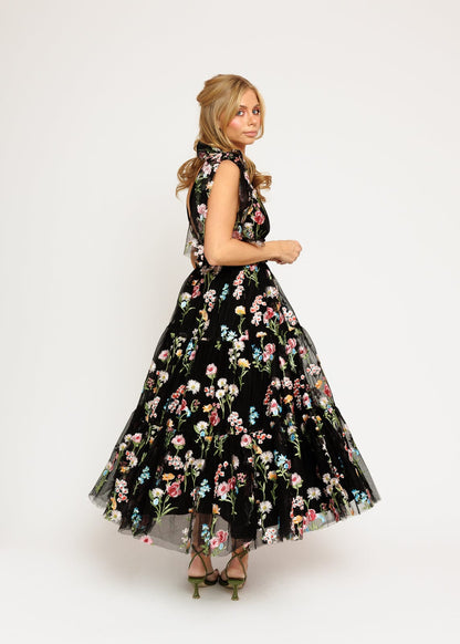 Margaret Floral Embroidered Midi Dress Black