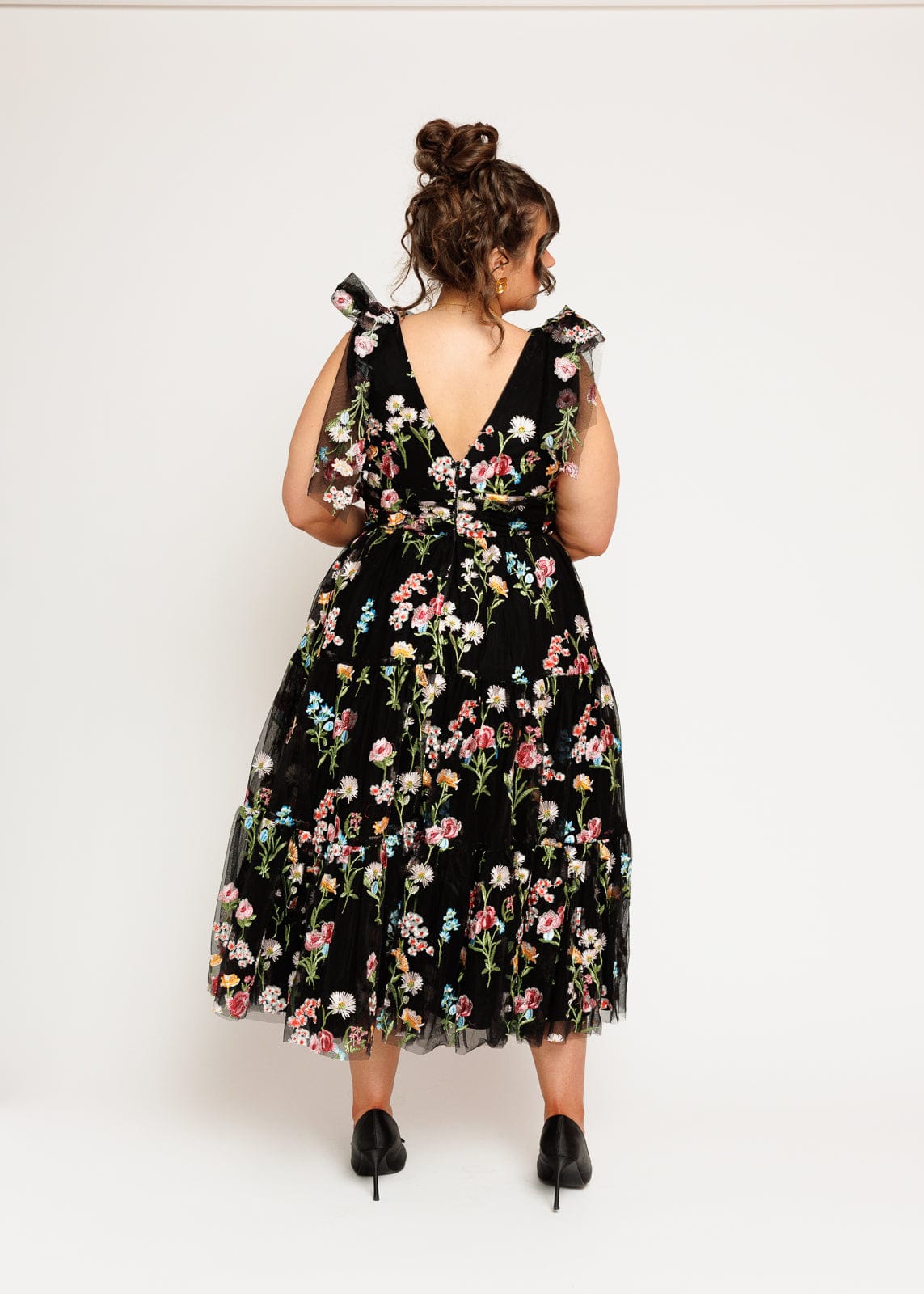 Margaret Floral Embroidered Midi Dress Black