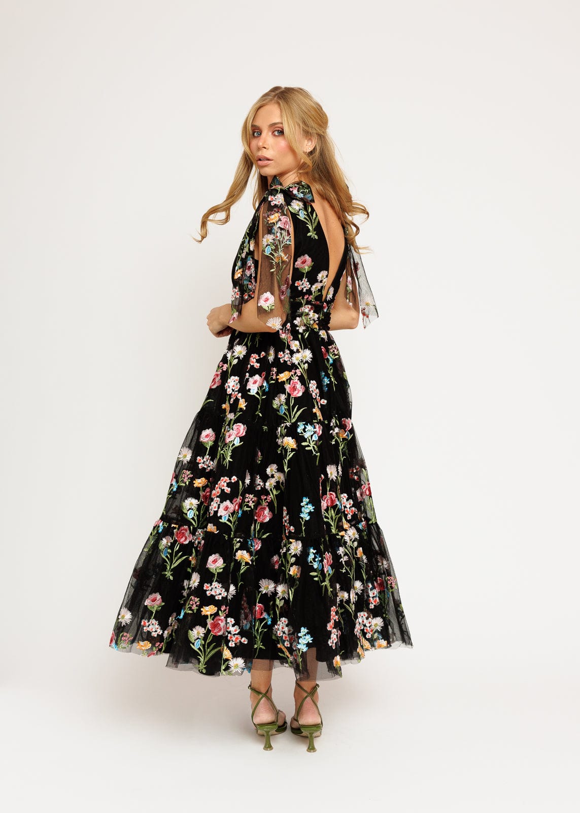 Margaret Floral Embroidered Midi Dress Black