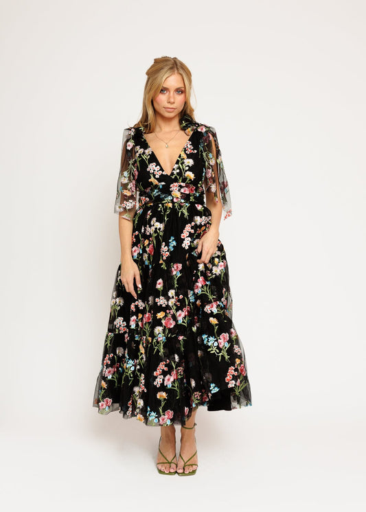 Margaret Floral Embroidered Midi Dress Black