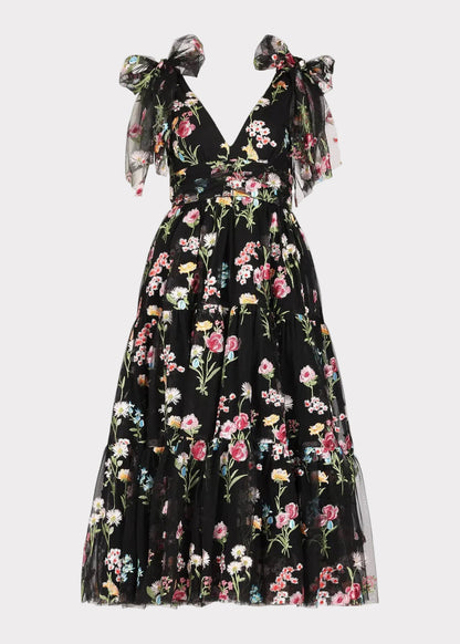 Margaret Floral Embroidered Midi Dress Black