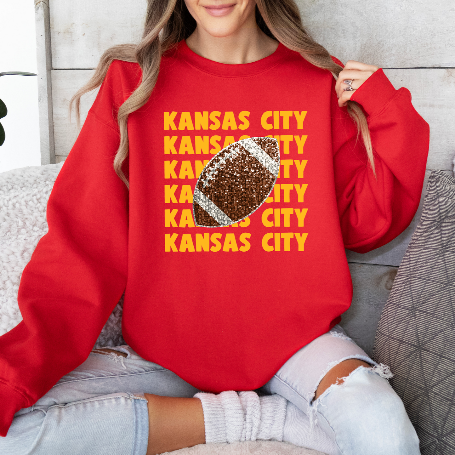 Kansas City Repeat Faux Glitter Football Tee or Sweatshirt