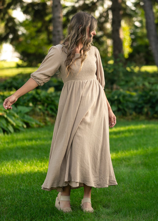 Kayleen Tan Smocked Bodice Gauze Dress