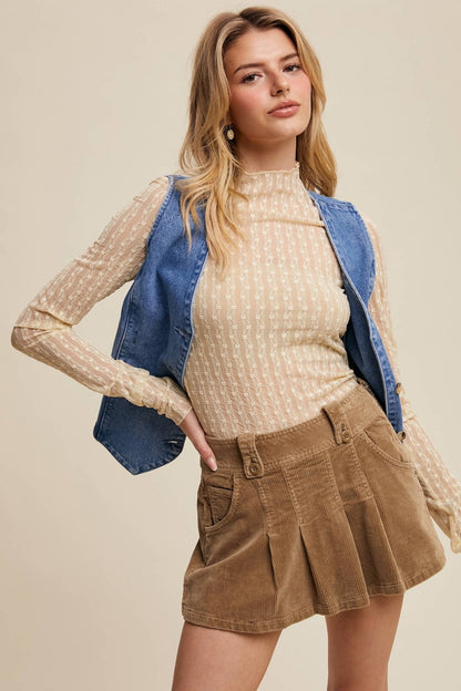 Listicle Lace Long-Sleeve Western Layering Top — Textured High Neck with Ruffle Detail (Tan or Butter)
