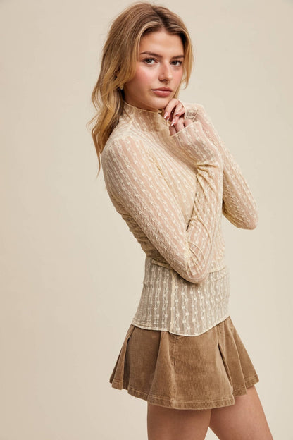 Listicle Lace Long-Sleeve Western Layering Top — Textured High Neck with Ruffle Detail (Tan or Butter)