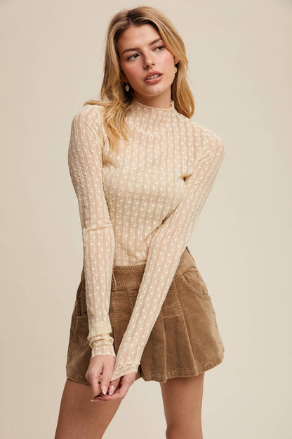 Listicle Lace Long-Sleeve Western Layering Top — Textured High Neck with Ruffle Detail (Tan or Butter)