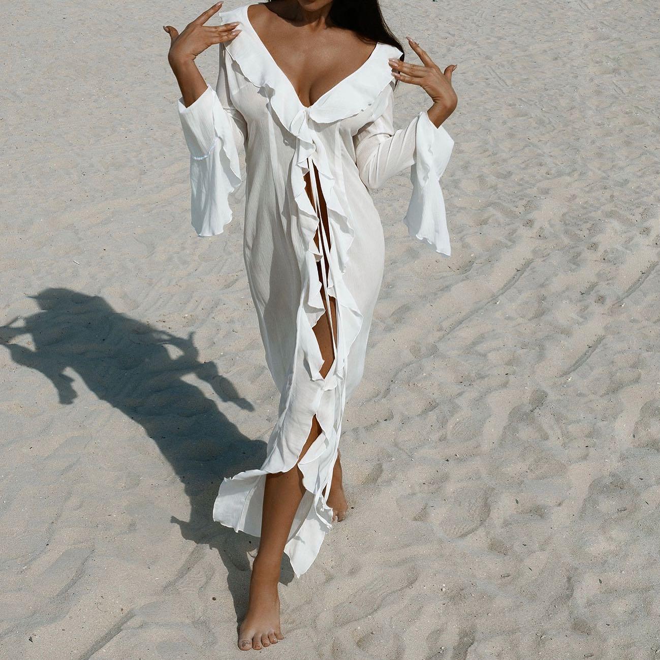 Liliana Ruffle Long Sleeve Beach White Maxi Dress