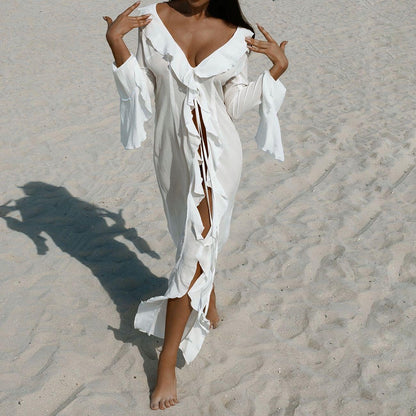 Liliana Ruffle Long Sleeve Beach White Maxi Dress