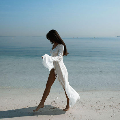 Liliana Ruffle Long Sleeve Beach White Maxi Dress