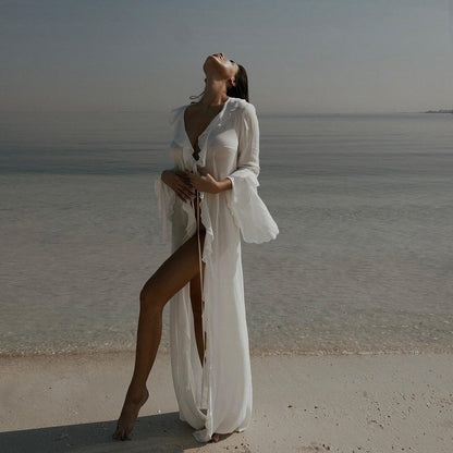 Liliana Ruffle Long Sleeve Beach White Maxi Dress
