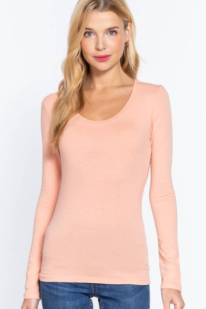 Active Basic Long Sleeve Scoop Neck Western Basics Top — Cotton Layering Staple (Truffle or Petal Pink)
