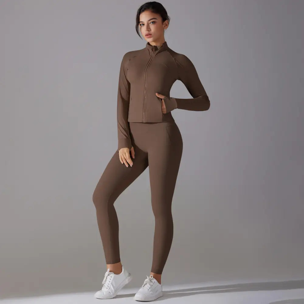 Long Sleeve Slim Elastic Zipper Workout Sports Set