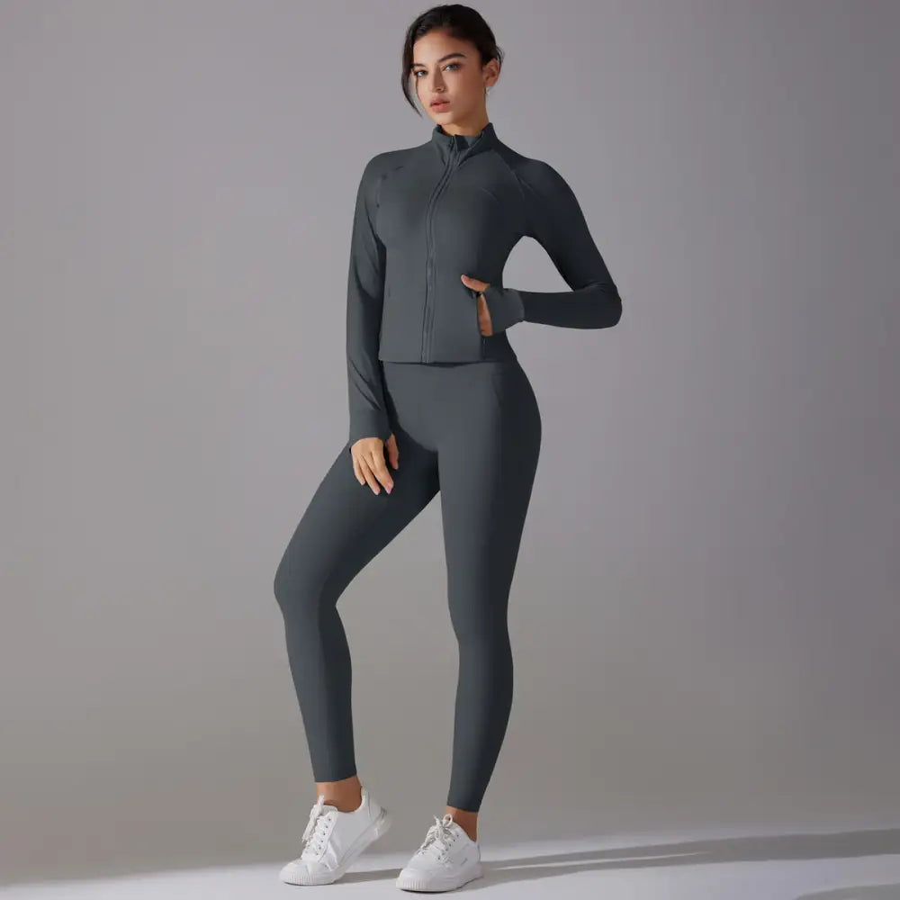 Long Sleeve Slim Elastic Zipper Workout Sports Set