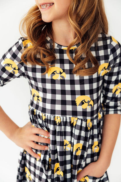 Iowa Plaid Tigerhawk 3/4 Sleeve Pocket Twirl Dress