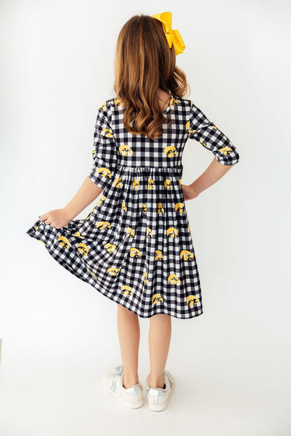 Iowa Plaid Tigerhawk 3/4 Sleeve Pocket Twirl Dress