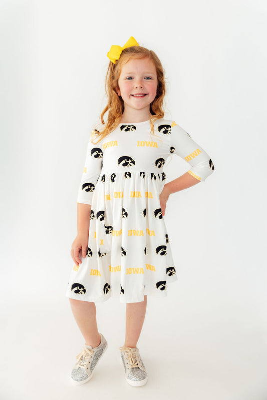Iowa White Tigerhawk 3/4 Sleeve Pocket Twirl Dress