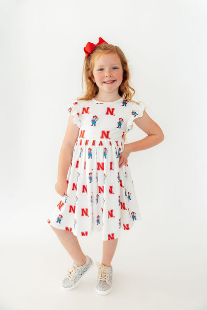 Nebraska White Herbie Husker Flutter Twirl Dress