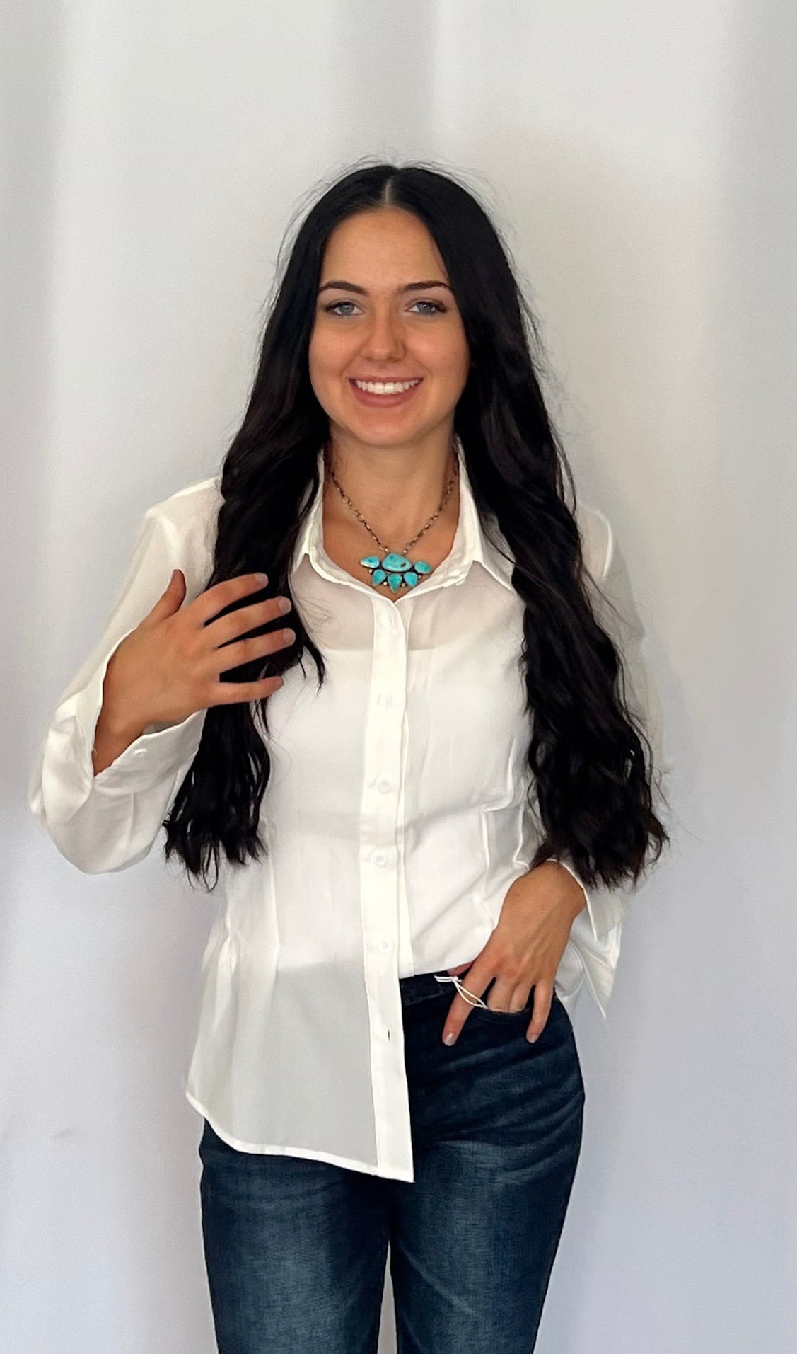 LUCKY & BLESSED "Mercedes" Ivory Western Button-Down Shirt — Tailored Long-Sleeve Cowgirl Staple