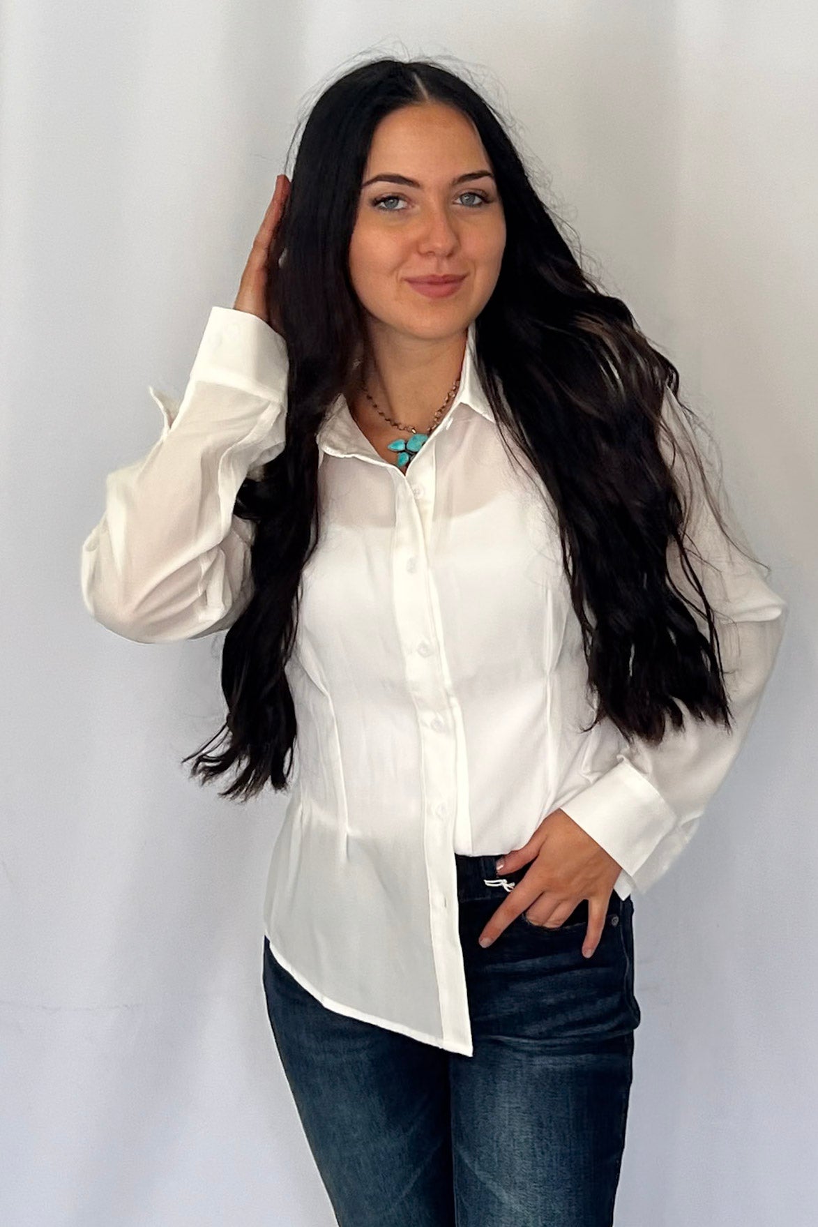 LUCKY & BLESSED "Mercedes" Ivory Western Button-Down Shirt — Tailored Long-Sleeve Cowgirl Staple