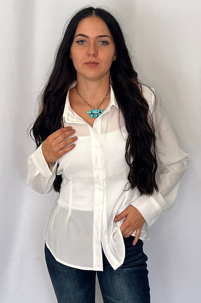 LUCKY & BLESSED "Mercedes" Ivory Western Button-Down Shirt — Tailored Long-Sleeve Cowgirl Staple