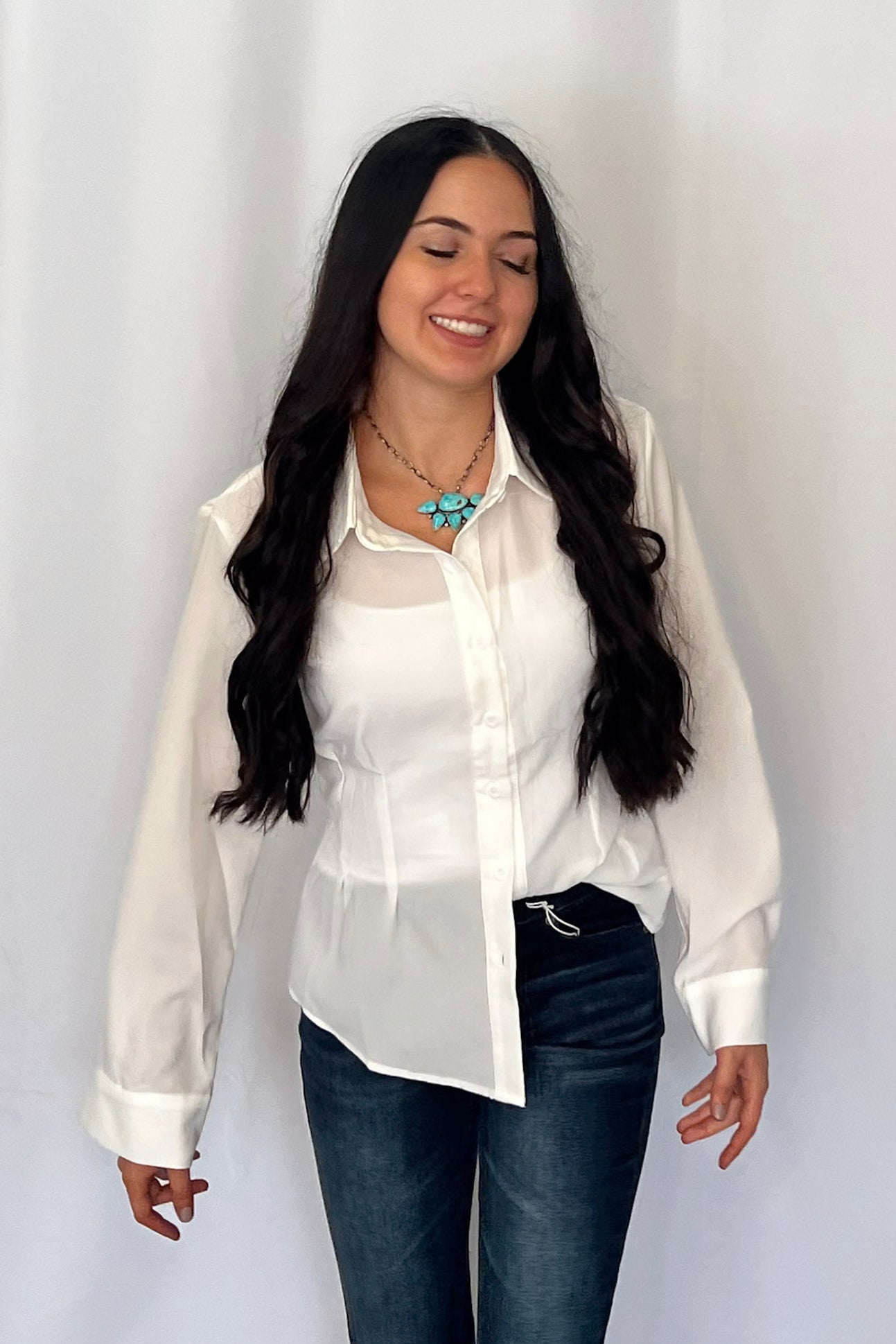 LUCKY & BLESSED "Mercedes" Ivory Western Button-Down Shirt — Tailored Long-Sleeve Cowgirl Staple