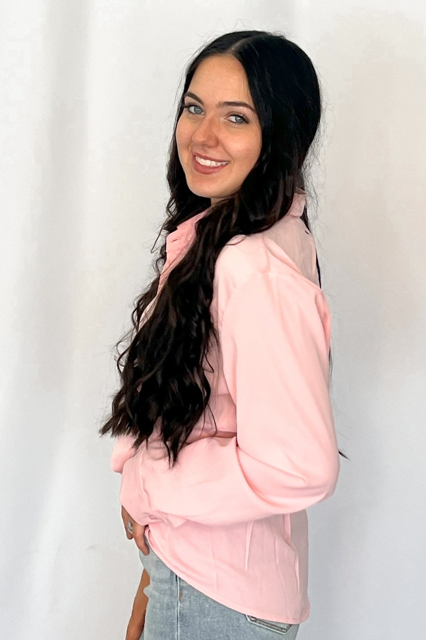 LUCKY & BLESSED "Mercedes" Soft Pink Western Button-Down Shirt — Tailored Long-Sleeve Cowgirl Staple