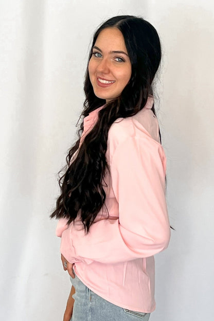 LUCKY & BLESSED "Mercedes" Soft Pink Western Button-Down Shirt — Tailored Long-Sleeve Cowgirl Staple