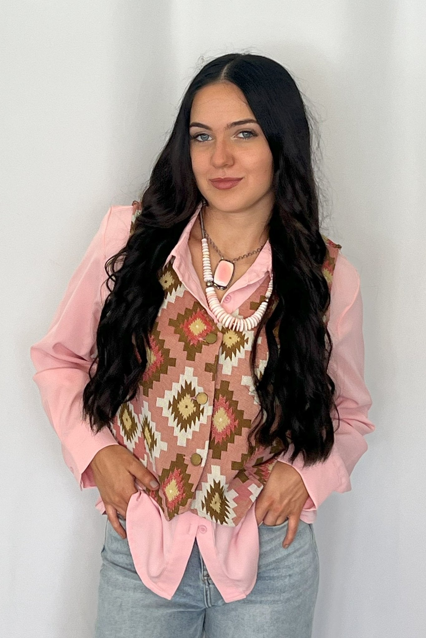 LUCKY & BLESSED "Mercedes" Soft Pink Western Button-Down Shirt — Tailored Long-Sleeve Cowgirl Staple