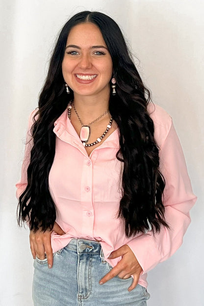 LUCKY & BLESSED "Mercedes" Soft Pink Western Button-Down Shirt — Tailored Long-Sleeve Cowgirl Staple