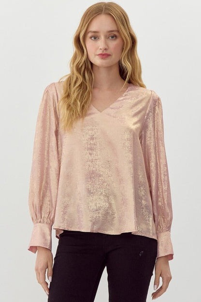 Jodifl Metallic Western V-Neck Puff Sleeve Blouse — Lightweight Elegant Layering Piece