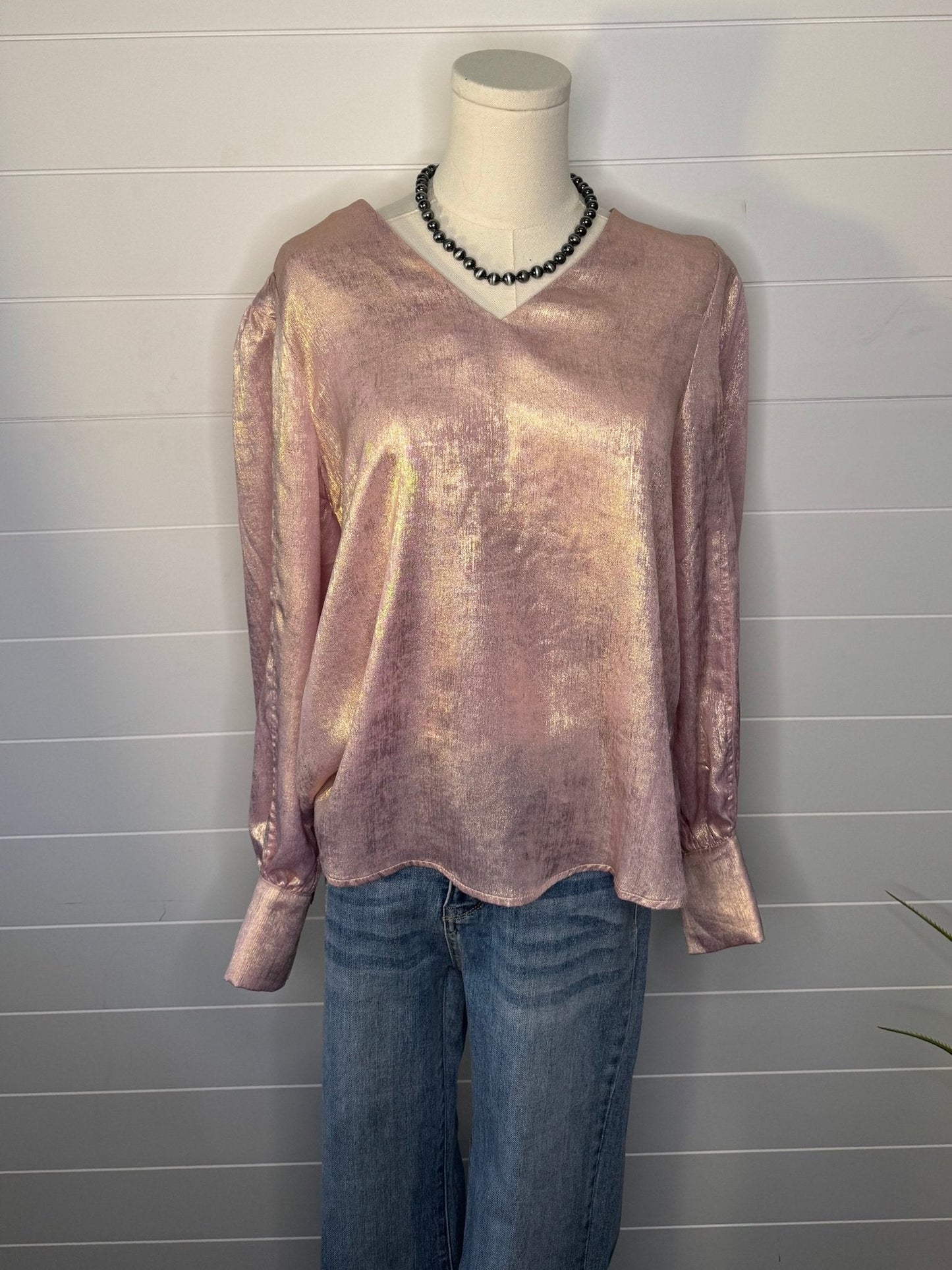 Jodifl Metallic Western V-Neck Puff Sleeve Blouse — Lightweight Elegant Layering Piece