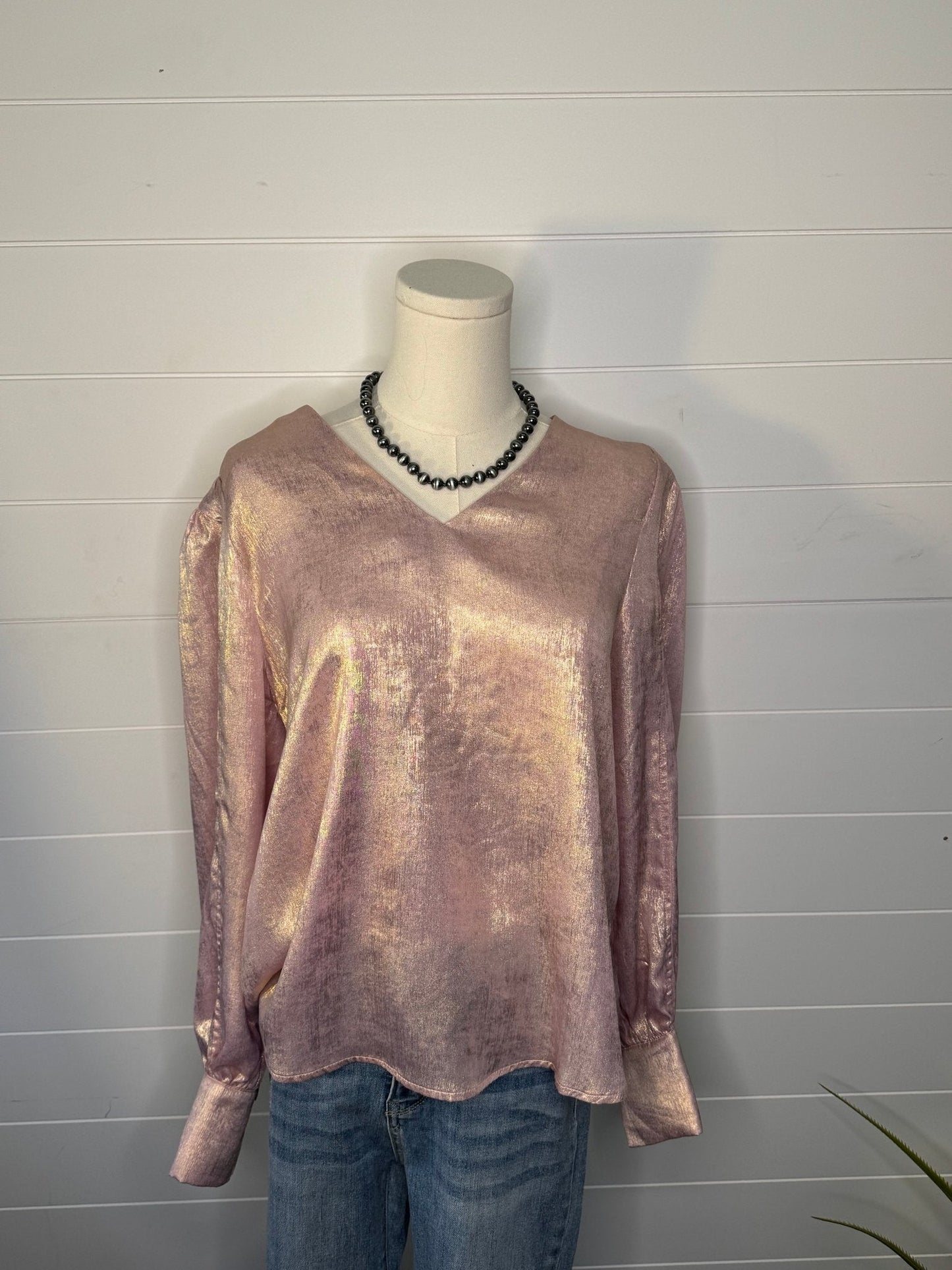 Jodifl Metallic Western V-Neck Puff Sleeve Blouse — Lightweight Elegant Layering Piece
