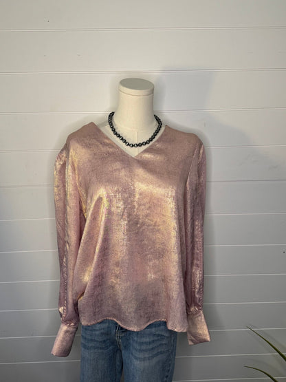 Jodifl Metallic Western V-Neck Puff Sleeve Blouse — Lightweight Elegant Layering Piece