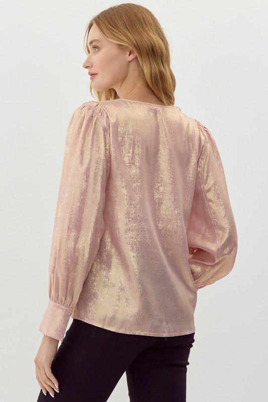 Jodifl Metallic Western V-Neck Puff Sleeve Blouse — Lightweight Elegant Layering Piece