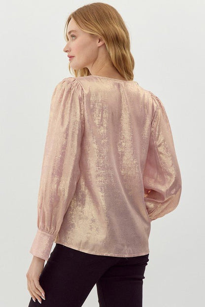 Jodifl Metallic Western V-Neck Puff Sleeve Blouse — Lightweight Elegant Layering Piece