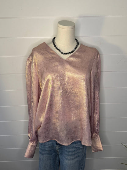 Jodifl Metallic Western V-Neck Puff Sleeve Blouse — Lightweight Elegant Layering Piece