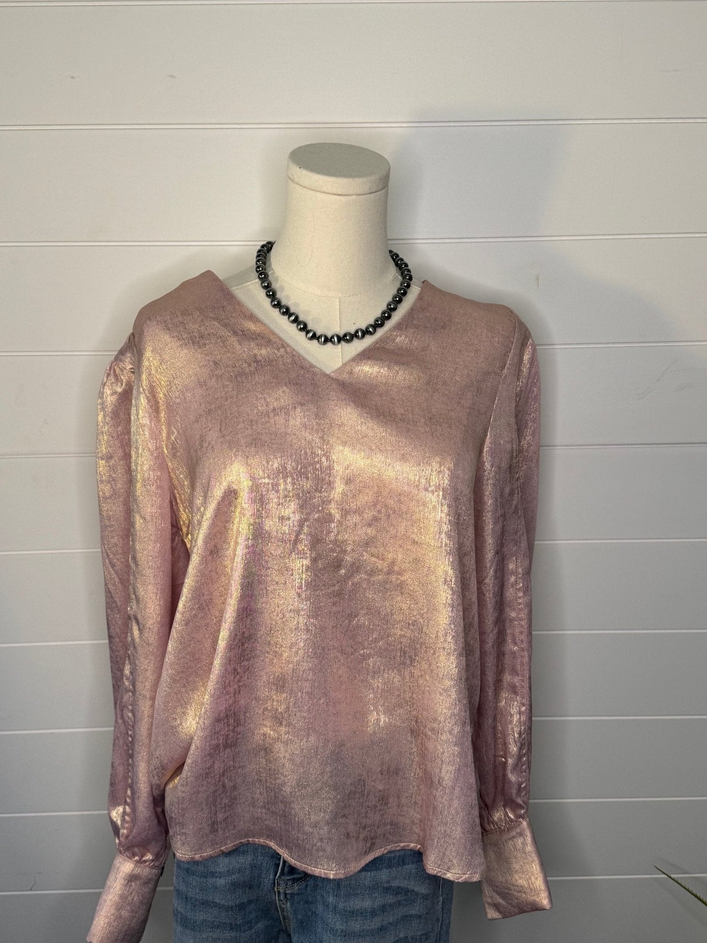 Jodifl Metallic Western V-Neck Puff Sleeve Blouse — Lightweight Elegant Layering Piece